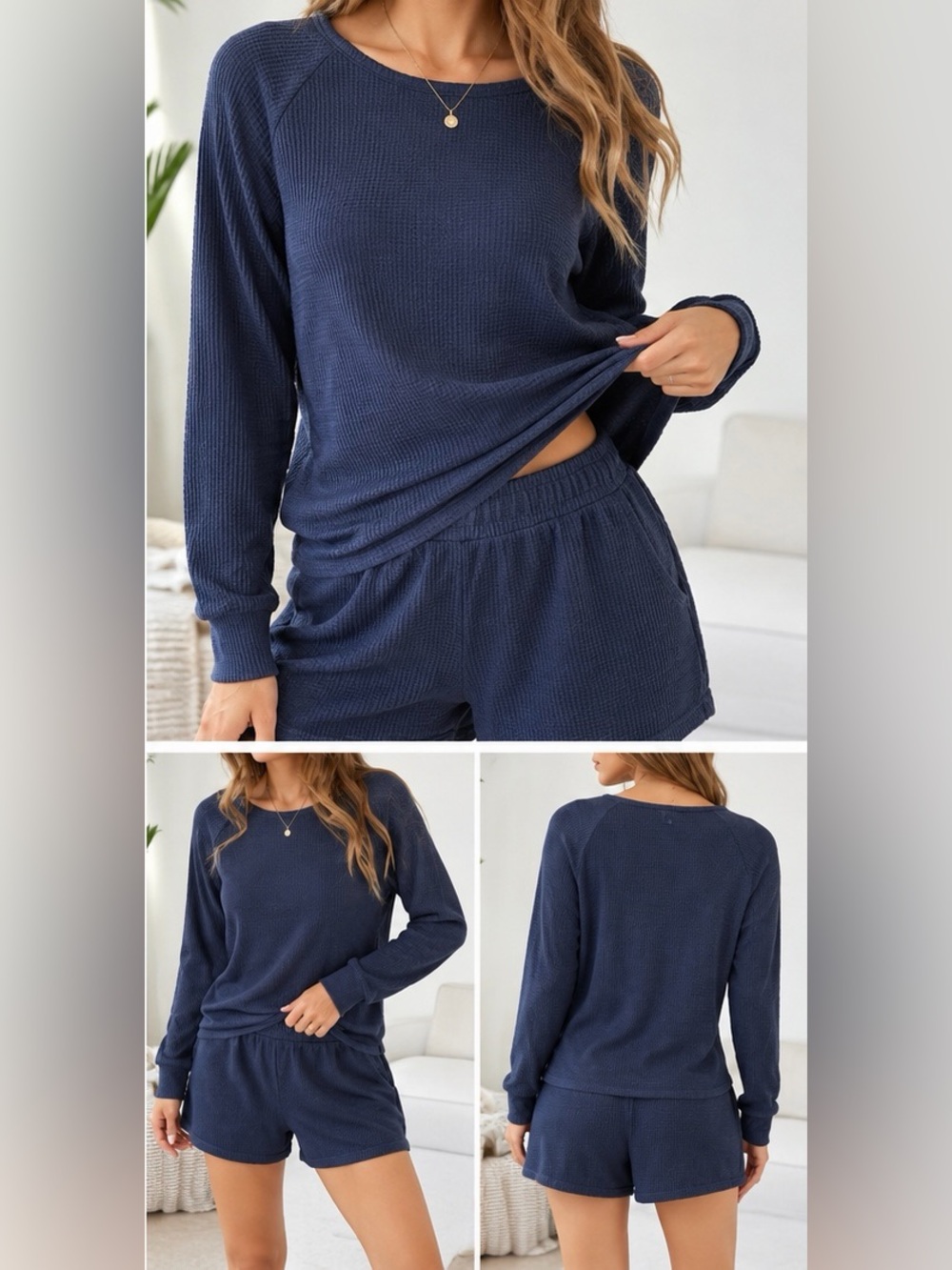 Universal Thread Navy Waffle Long Sleeve Knit Top & Matching Bottom NWT S/M